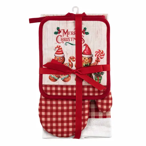 Подарочный набор для кухни Ardesto Christmas Gingerbread, 3шт, 100% хлопок (полотенце), 100% полиэстер (прихватки), красный (ART14HGR) - фото 1