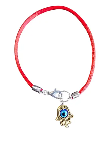 Браслет-оберег Червона нитка зі значком Хамса Рука з оком Фатими золотистий - фото 1