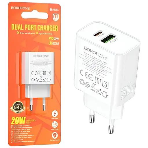 Зарядное устройство Borofone BA88A USB-A и USB-C PD20W поддержка Power Delivery и Quick Charge 3.0 белый