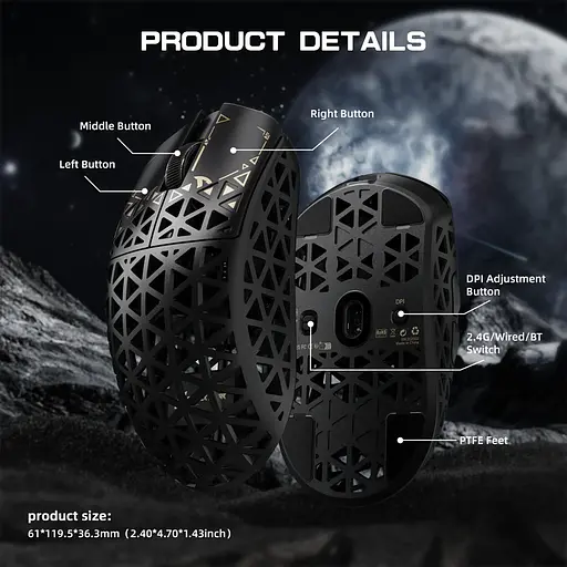 Ігрова мишка ATTACK SHARK R5 Ultra / Три режими підключення / PAW3950MAX / Carbon Fiber / 39 г / Black - фото 4