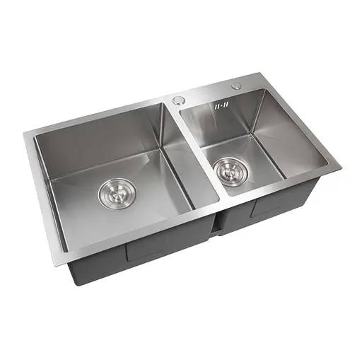 Кухонная мойка 78x43 нержавейка на две чаши Platinum Handmade (круглый сифон, 3.0/0.8), Нержавеющая сталь - фото 2