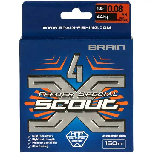 Шнур Brain Scout 4X 150 м (fluoro Orange) 0.080 мм 4.4 кг - фото 2