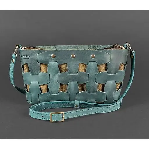 Кожаная женская плетеная сумка Пазл S зеленая Crazy Horse - фото 1