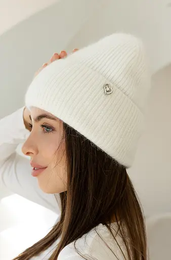 Теплая женская шапка Ангора Сердечко с флисовой подкладкой Белый - фото 2