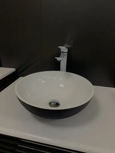 Раковина Adamant умивальник KREIS штучний камінь кругла без відвернення для змішувача та переливу 420х150мм накладний чорно-білий - фото 3