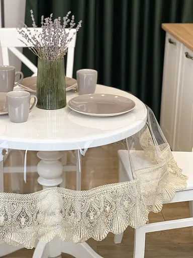 Силиконовая скатерть с бежевым кружевом Ришелье 15 см 380х140 см - фото 2