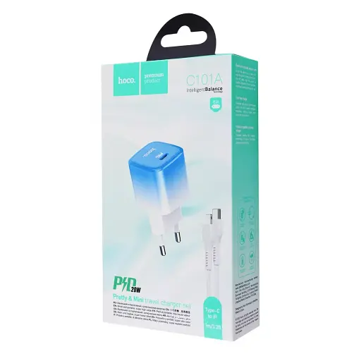 СЗарядний пристрій Hoco C101A 20W PD (Type-C) + Кабель Type-C to Lightning біло-блакитне - фото 3