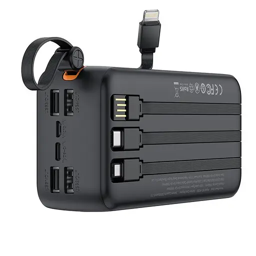 Зовнішній акумулятор XO PR280 з вбудованим кабелем 4-в-1 USB-C + iP 30000 mAh чорний - фото 1