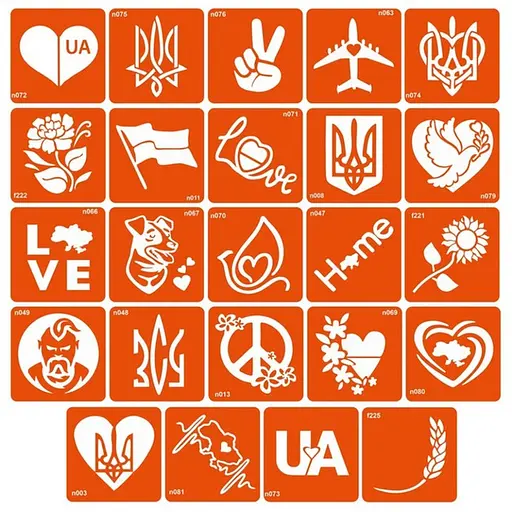 Набір трафаретів для біо-тату З Україною в серці z-ukrainoyu-v-sertsi-24-p 6 x 6 см 24 шт
