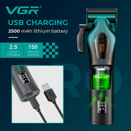 Машинка для стриження акумуляторна VGR V-271 8000-11000 RPM LED дисплей (6 насадок) - фото 5