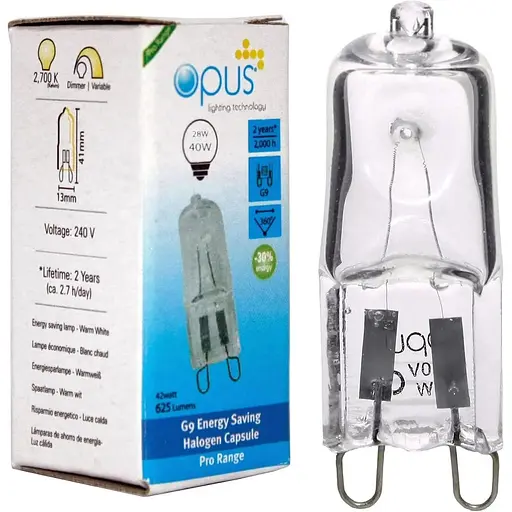 5 x Opus G9 28 Вт = 40 Вт 240 В прозорі довговічні екологічні галогенні лампочки з регулюванням яскравості
