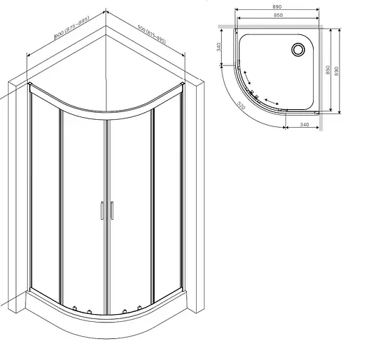 Душевая кабина Am.Pm Gem 1/4 Round 90x90 см без поддона black W90UG-401-090BT, прозрачная, черная - фото 8