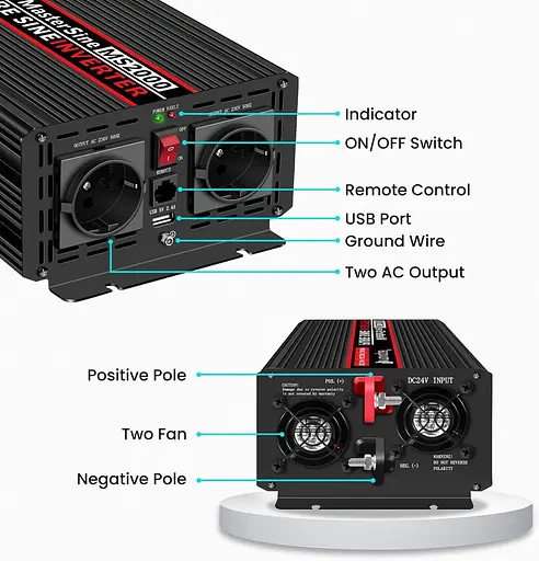 Перетворювач чистого синуса NOVOPAL 2000 Вт 24 В постійного струму в 220 В/230 В змінного струму 2 розетки - фото 2