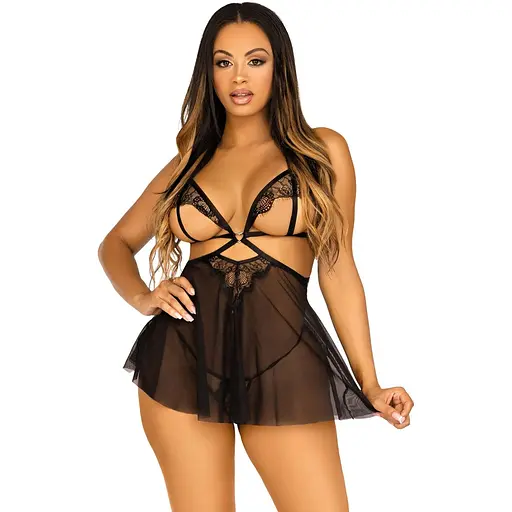 Рубашка бэби-долл с открытыми чашками Leg Avenue Lace and mesh Babydoll & panty Black M, стринги - фото 5