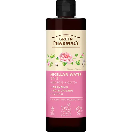 Міцелярна вода 3 в 1 Зелена Аптека Мускатна троянда та бавовна 500 мл