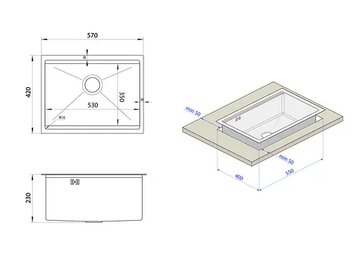 Кухонна мийка під стільницю декор NSS-5742, Нержавіюча сталь - фото 3