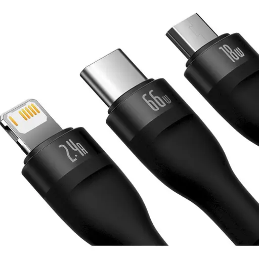 Кабель Baseus Flash Series Ⅱ One-for-three Fast Charging Data Cable USB to M+L+C 66W 1.2m Black - фото 4