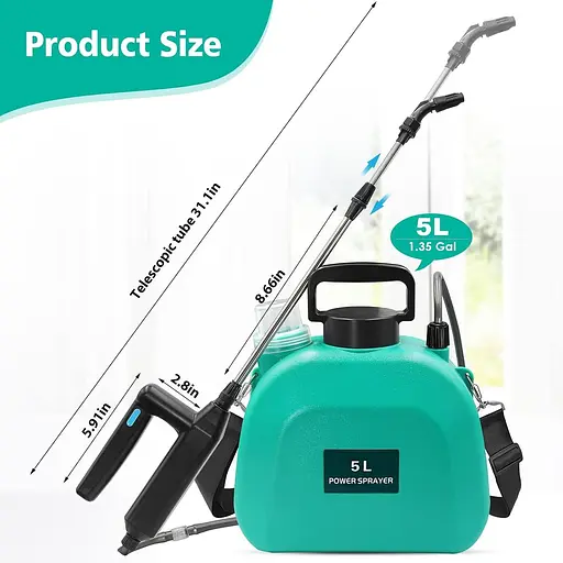 Акумуляторний обприскувач 5 л, вдосконалений електричний обприскувач з 3 насадками розпилювачами, ручкою з можливістю підзарядки - фото 7