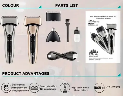 Акумуляторна машинка Daling DL-9253 3 в 1 чоловічий триммер для бороди носа та волосся 5Вт Сірий/Чорний - фото 3