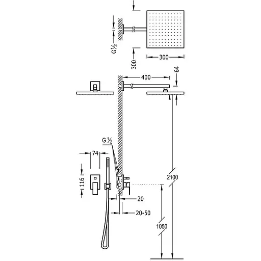 Душова система TRES CUADRO-TRES 106980 змішувач з лійкою 300х300мм для прихованого монтажу та комфортного душу - фото 2
