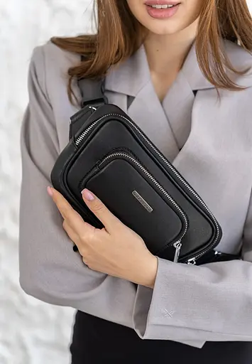 Шкіряна поясна сумка-бананка Трапеція чорна - фото 2