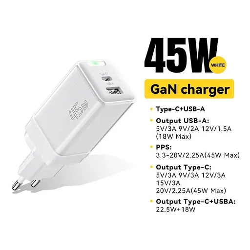 Зарядний пристрій Essager Zhiqi 45W GaN Travel Charger A+C євровилка біле - фото 4