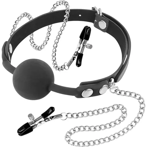 Кляп із затискачами для сосків Fetish Tentation Gag Ball With Nipple Clamps 4 см чорний
