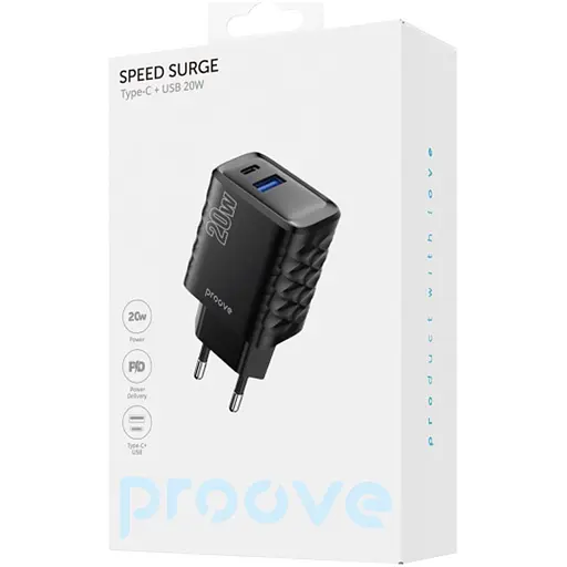 Мережевий зарядний пристрій Proove Speed Surge 20W USB-A/USB-C Black (WCSS20120001) [130283] - фото 2