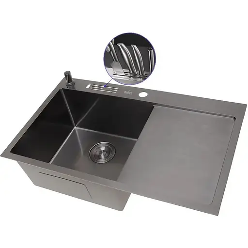 Чорна раковина на кухню Nett NB-7848(R) з правим крилом - фото 2