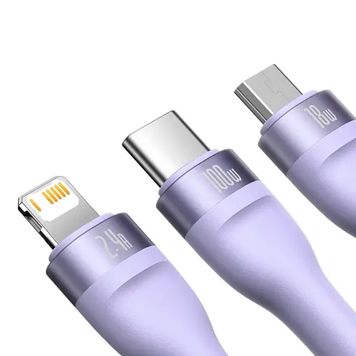 Кабель Baseus Flash Series Ⅱ One-for-three Fast Charging Data Cable USB to M+L+C 100W 1.2m Purple - фото 4