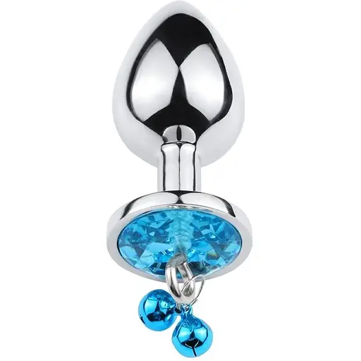 Анальна пробка SKN-BELL 21 з кристалом, дзвіночком та поводком Silver Blue (розмір M), Срібний / Голубой - фото 2