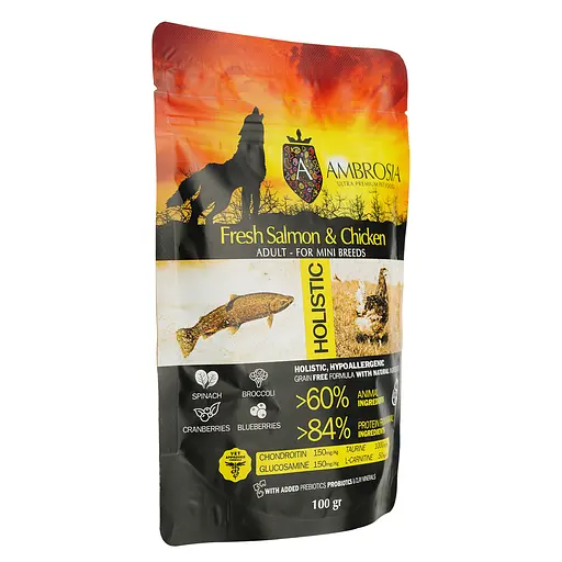 Сухой корм Ambrosia Grain Free для взрослых собак малых пород со свежей курицей и лососем 100 г - фото 2