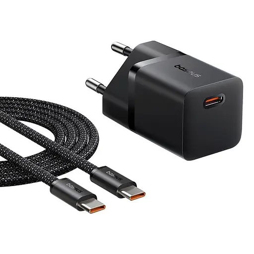 Адаптер мережевий Baseus GaN5 Fast Charger (mini) |1Type-C, 25W/3A, PD/QC| (With C to C 100W 1m cable) - фото 1