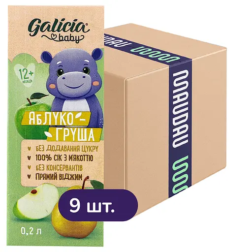Упаковка натурального яблучно-грушевого соку Galicia Baby з м’якоттю 1.8 л (0.2 л x 9 шт.)