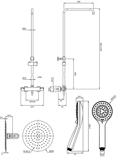 Душова система з термостатом Omnires Y chrome Y1244XOCR, Хром - фото 2