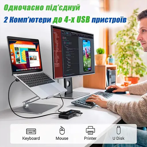 Комутатор KVM USB Switch Box 4 in 2 переключатель на 2 компьютера USB 3.0 - фото 3