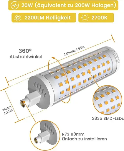Светодиодная лампа Bonlux 20W R7s 118 мм Dimmable Warm White 3000K 2000LM Заменить галогенную лампу 200W J118 J Тип - фото 2