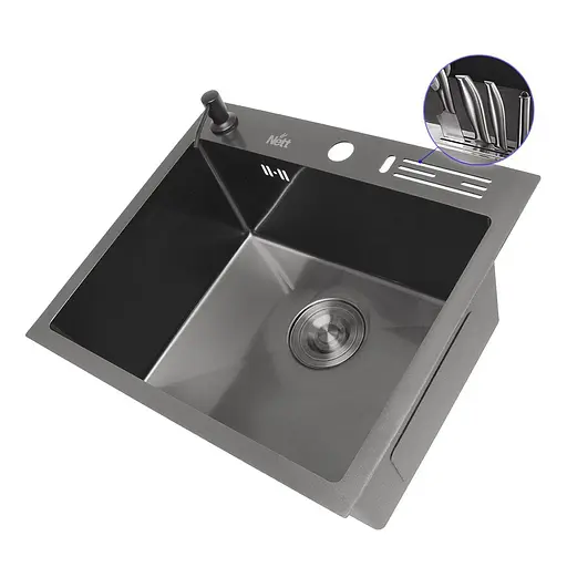 Кухонная мойка черная 45 см накладная из нержавеющей стали Nett NВ-5245, Черный - фото 2