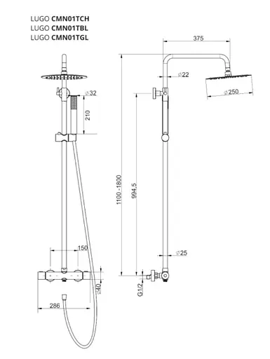 Душова система Corsan Lugo gold із термостатом CMN01TGL, Золотий - фото 2