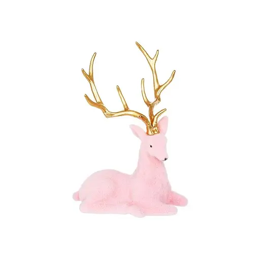 Декоративная новогодняя фигура Олень 21.5см сидячий с флоковым покрытием и глянцевыми рогами Розовый с золотым - фото 1