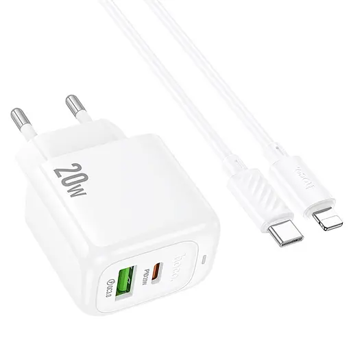 МЗП Hoco CS54A Surplus PD20W+QC3.0 (1USB-A/1C) + Type-C to Lightning White - фото 3