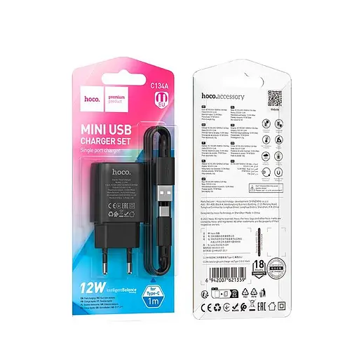 Адаптер сетевой Hoco Type-C Cable Solid single Port charger C134A | 1USB, 12W/2.4A | - фото 2