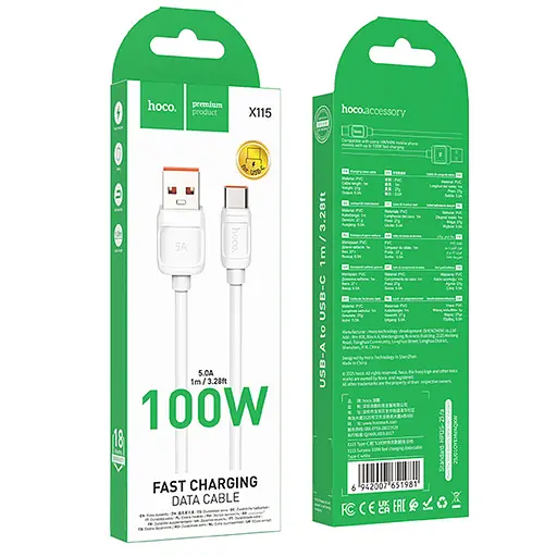 Дата кабель Hoco X115 Surpass USB to Type-C 100W (1m) White - фото 2