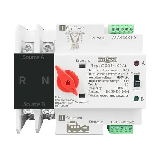 Автоматический переключатель (АВР) под DIN-рейку TOMZN TOQ5/2P 100A 2 полюса (51-00113)