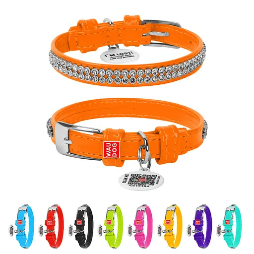Нашийник для собак шкіряний Waudog Glamour з QR-паспортом з прикрасою "Полотно стрази" XS Ш 12 мм Д 21-29 см помаранчевий - фото 2