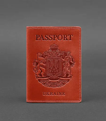 Кожаная обложка для паспорта коралловая с украинским гербом - фото 1