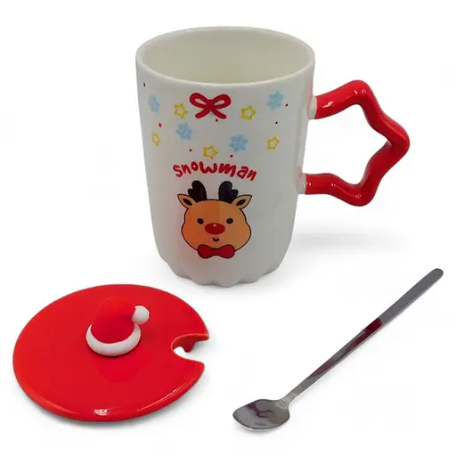 Чашка новорічна Snowman з кришкою та ложкою Олень 360 мл Біла - фото 5