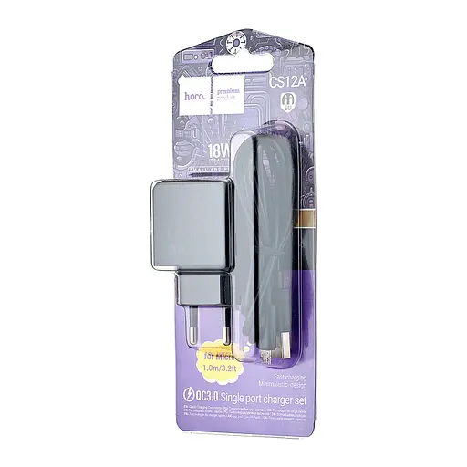 Сетевое зарядное устройство Hoco CS12A Ocean single port QC3.0 charger set (Micro) (EU) Черный - фото 2