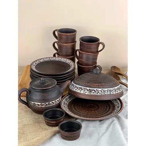 Набір керамічного (глиняного) посуду для млинців на 6 чоловік Ангоб