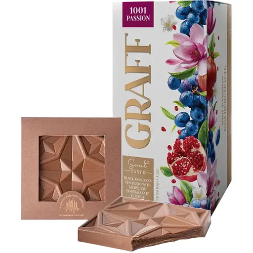Набір: чай зелений та чорний Graff 1001 Passion з ароматом винограду та гранату 20 шт. x 1.5 г + шоколад Львівська Майстерня Шоколаду молочний з кавою 74 г